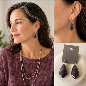 J Jill Purple Teardrop Earrings Silver Tone Amethyst Stone Style Boho Artisan